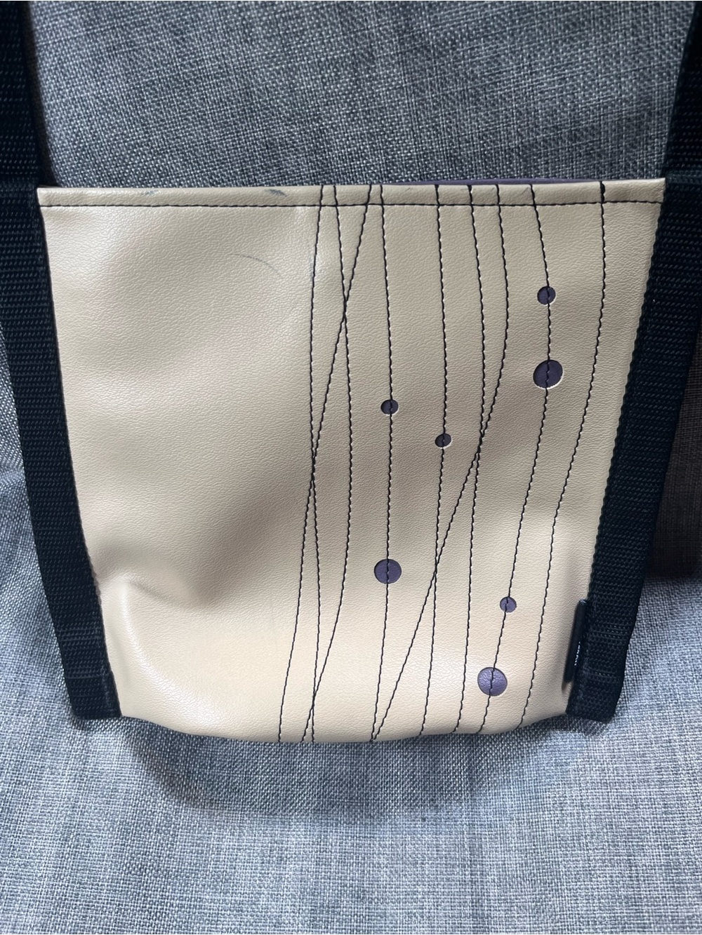 Beige Holly Aiken Crossbody Bag with Decorative Stitching and Dot Accents